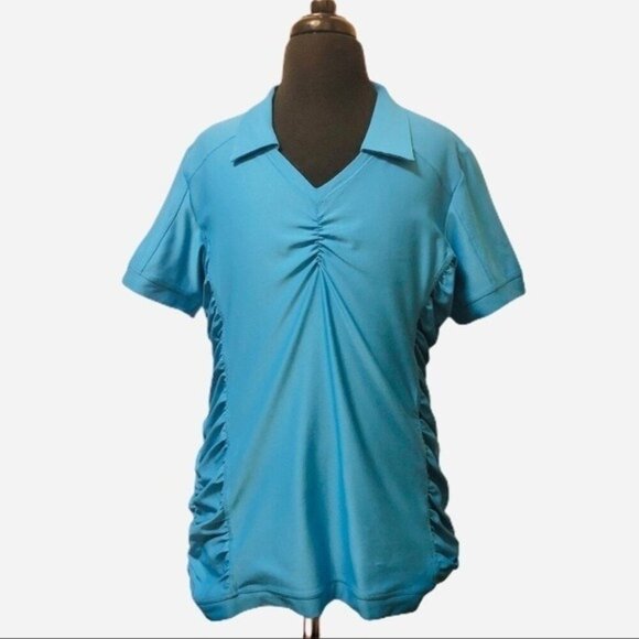 Athleta Womens Birdie Blue Polo Shirt Athletic Golf UPF 50 Rouched Sides Size M - Picture 2 of 13